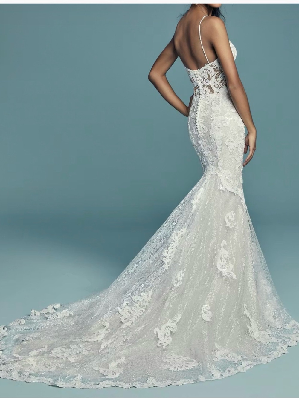 Maggie Sottero Tuscany Lynette White Lace Mermaid Dress with Plunging V-Neck - Picture 2 of 5
